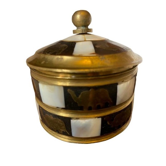 Elephant Trinket Box Mini Storage Jewelry Box Mother of Pearl Round Checkered - Picture 1 of 4